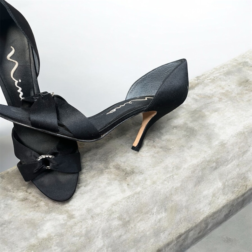 🖤 Nina Black Satin D’Orsay Kitten Heels Rhinestone Bow Open Toe Pumps Size 7.5